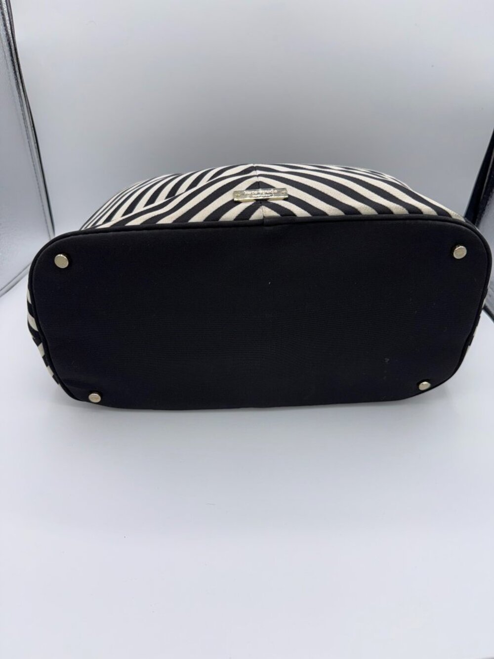 Kate Spade Black White Canvas Striped Bow Handbag Purse Classic Chic - Picture 10 of 16